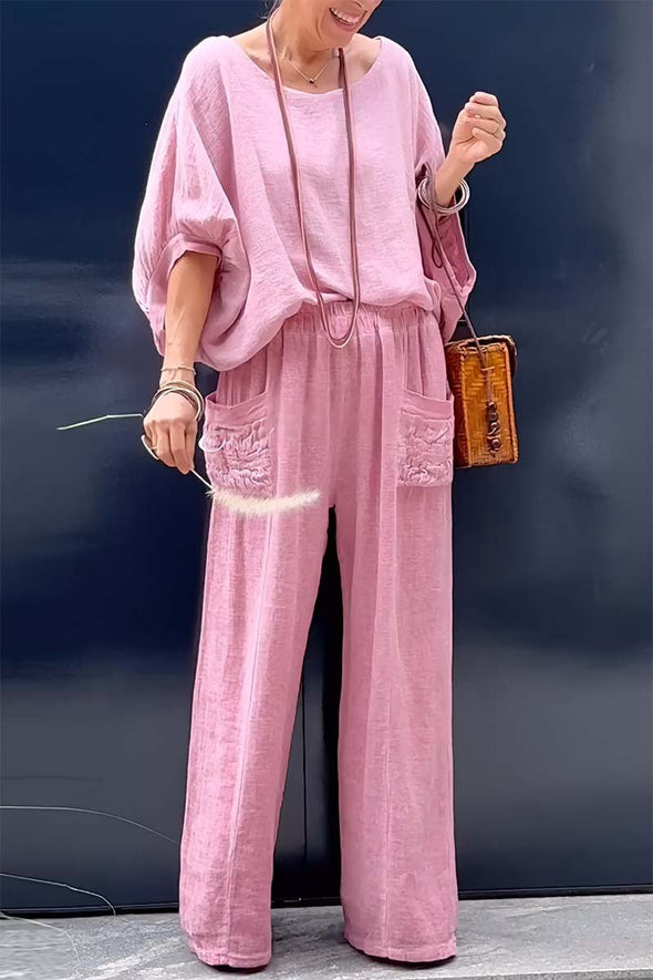 Women's casual bat sleeve top and pants cotton and linen two-piece set