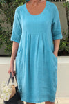 Cotton and Linen Pleated Pocket Casual Dress