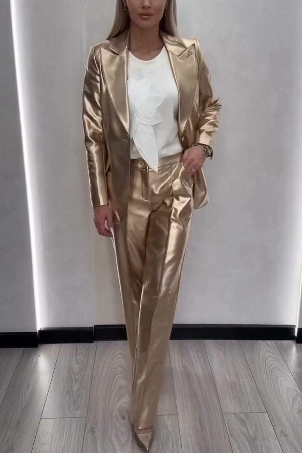 Women's Fashionable Lapel Shiny Two-piece Suit