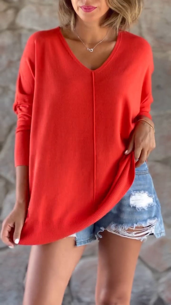 Women's V-neck Slit Casual Knitted Top