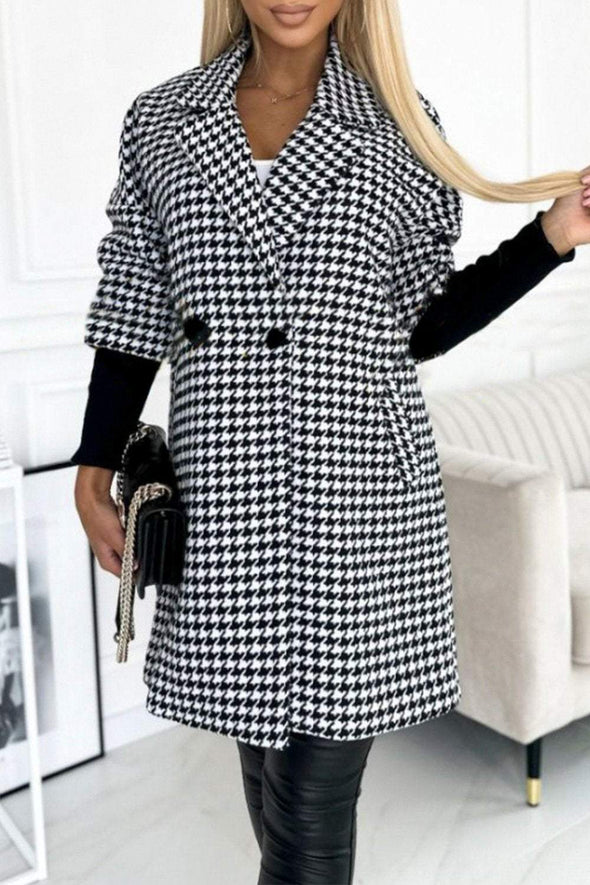 Women's Houndstooth Sleeves Knitted Patchwork Lapel Jacket