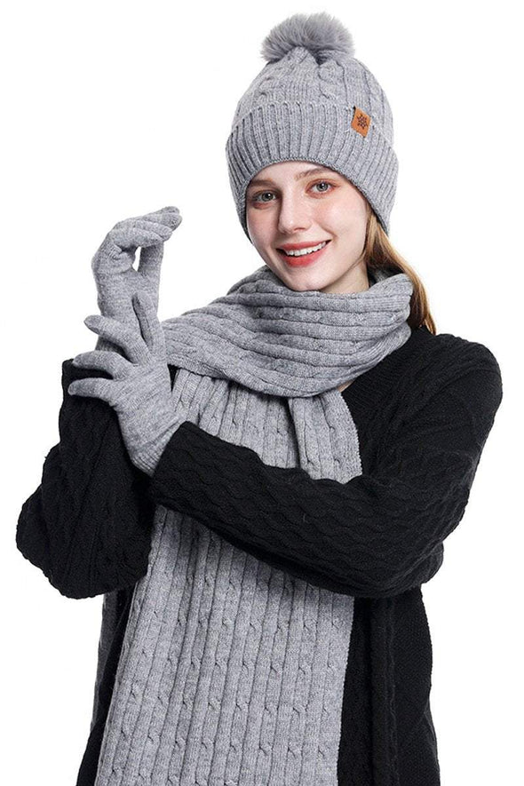 Knitted Hat, Double-layer Fleece Warm Wool Scarf, Gloves, Three-piece Set