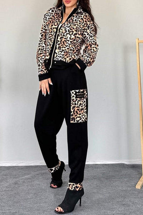 Women's Round Neck Long Sleeve Leopard Print Casual Suit