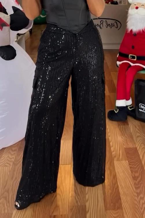 Women's Casual Fashion Sequin Shiny Wide Leg Pants