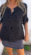 V-neck Cut-out Embroidered Half-sleeve Top