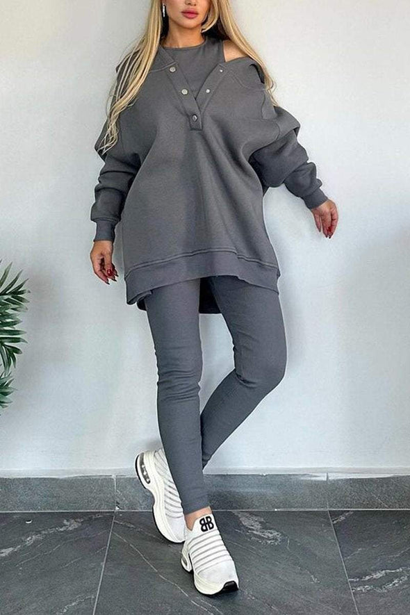 Women's Casual Solid Color Sweatshirt Three-piece Set