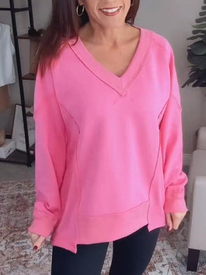 Women's Casual V-neck Solid Color Long-sleeved Top