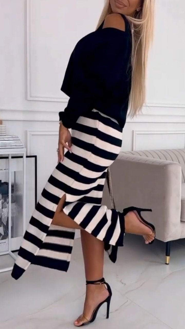 Women's V-neck Knitted Striped Casual Dress Suit