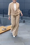 Women's Casual Large V-Neck Lapel Top Straight Pants Knitted Two-Piece Set