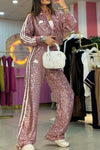 Women's Casual Side Contrast Color Shiny Sequins Zipper Two-piece Suit