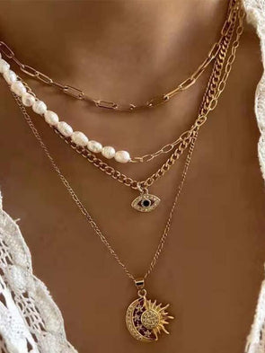 Gold Plated Pearl Eyes Multilayer Necklace