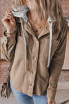 Women's Lapel Button Cardigan Pocket Hood Drawstring Striped Jacket