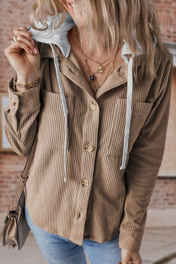 Women's Lapel Button Cardigan Pocket Hood Drawstring Striped Jacket