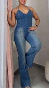 Women's V-neck Halter Neck Slim Fit Denim Jumpsuit