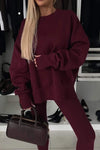 Women's Fall/winter Solid Color Crew-neck Side Slit Hoodie Set