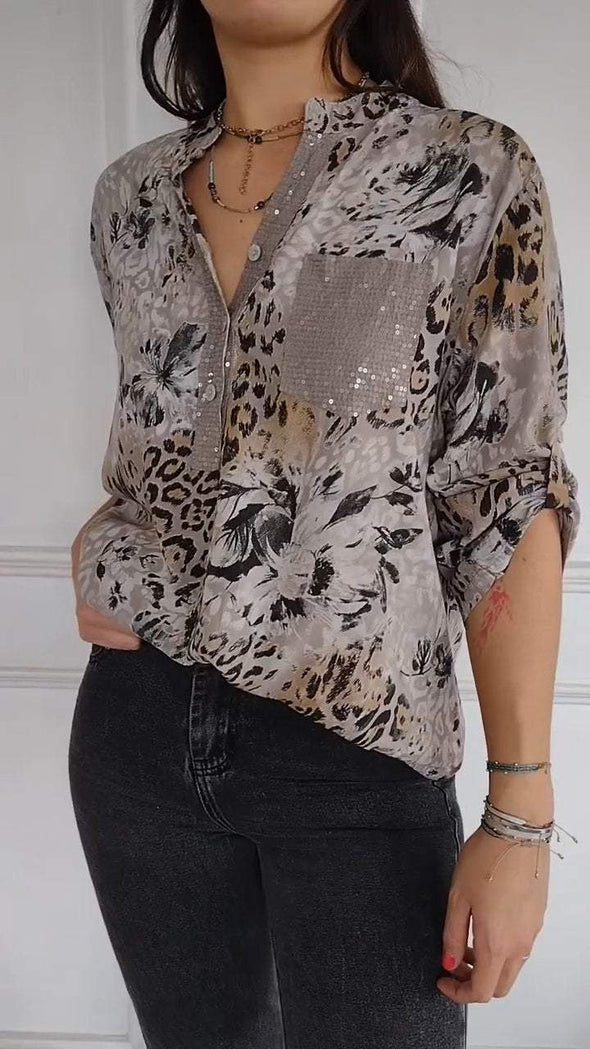 Women's V-neck Sequined Printed Casual Top