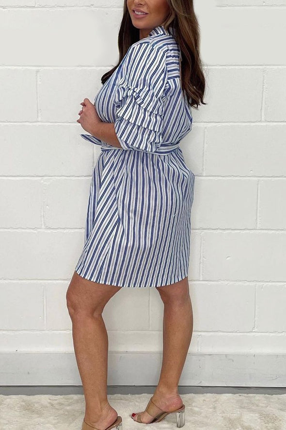 Stripe rouch sleeve belted dress