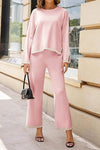 Women's Casual Long Sleeve Knit Top Wide Leg Pants Two-Piece Outfit