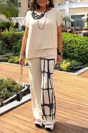 Women's Casual Round Neck Asymmetric Top And Trousers Suit