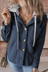 Women's Lapel Button Cardigan Pocket Hood Drawstring Striped Jacket