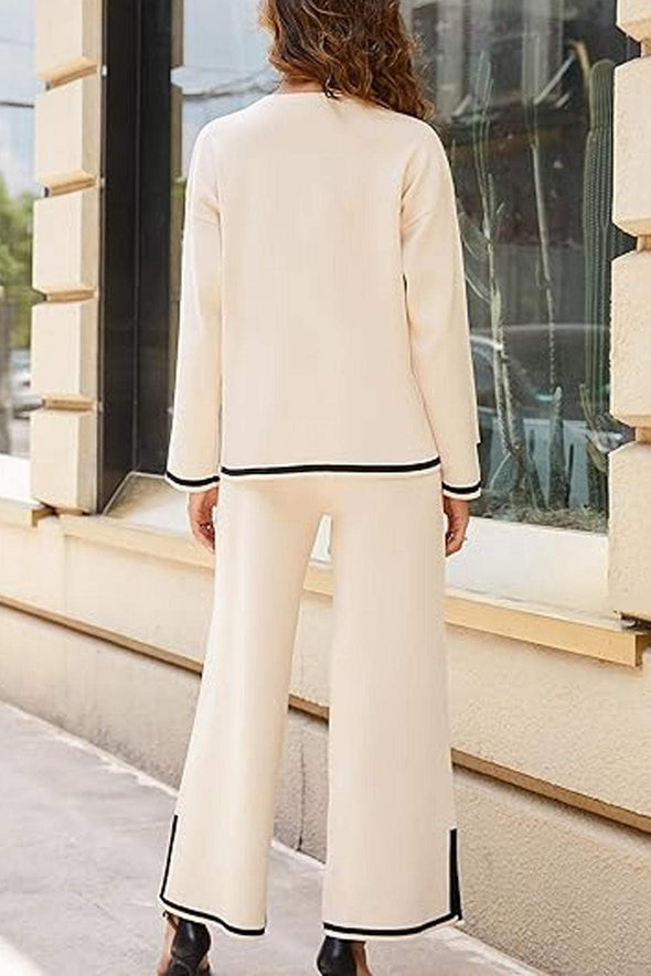 Women's Casual Long Sleeve Knit Top Wide Leg Pants Two-Piece Outfit