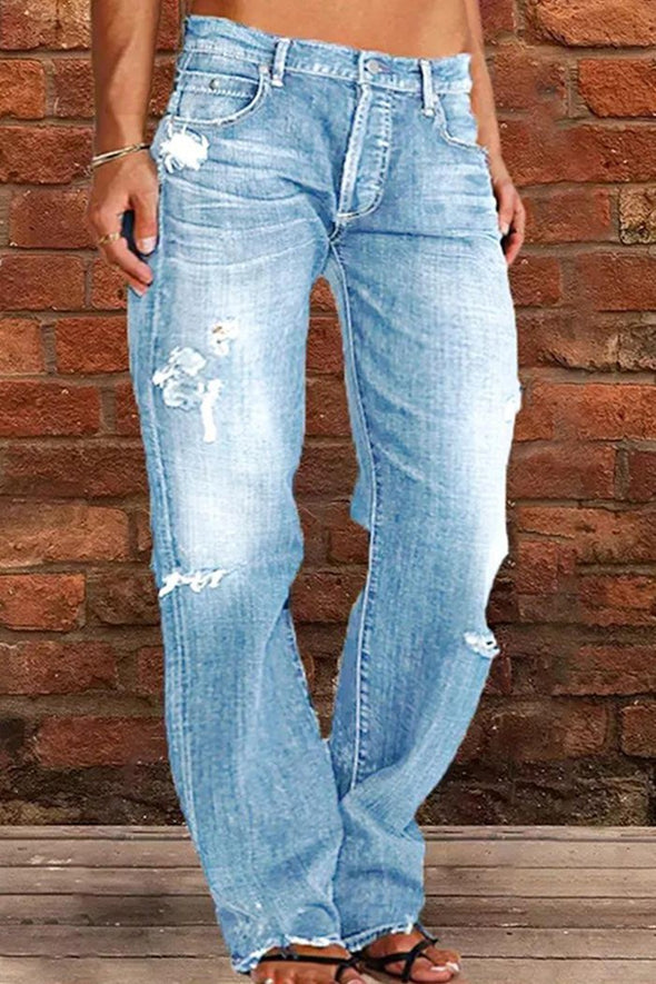 Women's Mid-rise Ripped Casual Straight Pants