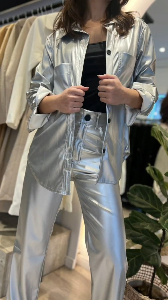 Women's Cool Metallic Coated Shirt & Cool Metallic Coated Elastic Waist Pants