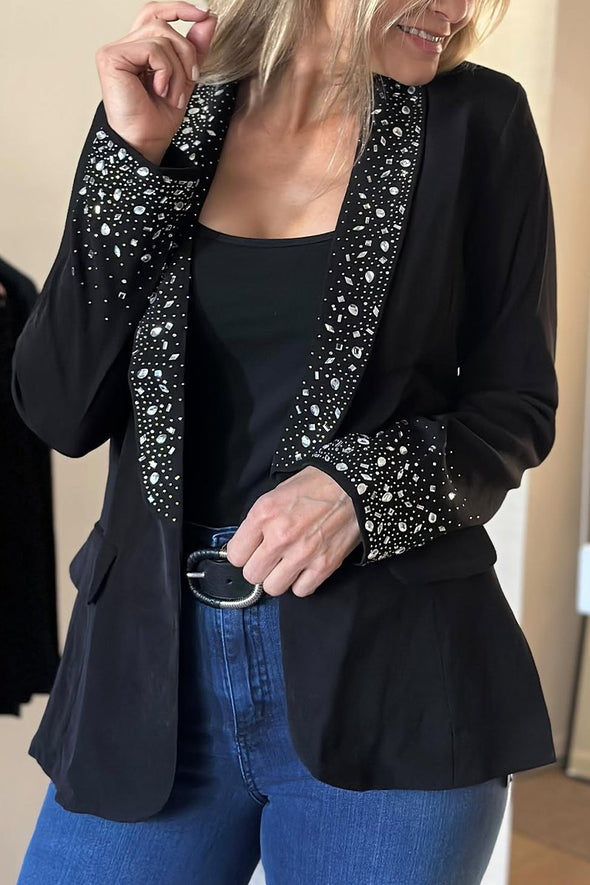 Women's Casual Elegant Collared Cuffs Rhinestone Blazer