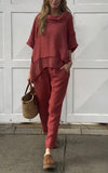 Women's Casual Round Neck Solid Color Cotton and Linen Two-piece Suit