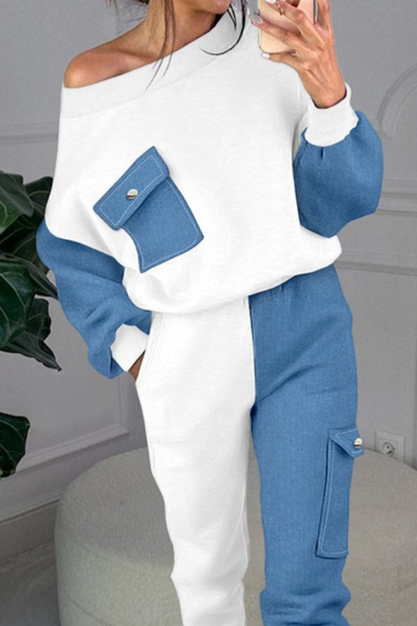 Color Block Pocket Design Trousers and long sleeve sweatshirt suit