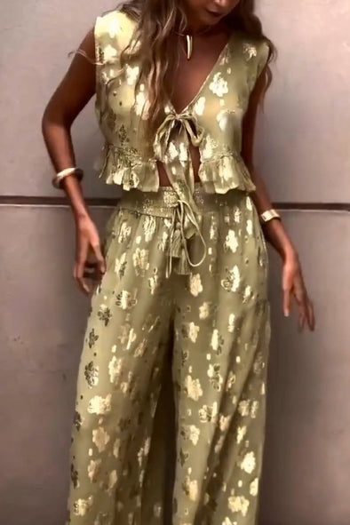 Women's Elegant Glittering Gold Lace-up Vest And Wide-leg Pants Suit