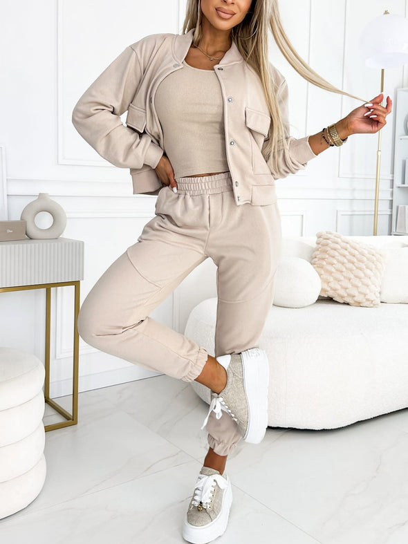 Women's Casual Solid Color Sweatshirt 3 pieces Tank and Trousers