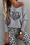 Casual Leopard print Long Sleeve Tops and Trousers Suit