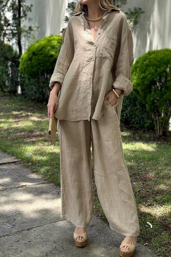 Women's Casual Solid Color Linen Loose Shirt Wide Leg Pants Two-Piece Set