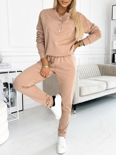 Women's Fashion Button Front Sweatshirt and Lined Pants Set