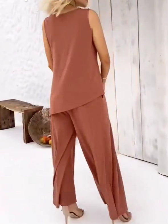 Women's Casual Solid Color Cotton Irregular Tops and Pants Set