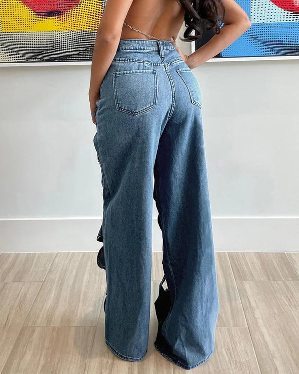 Women's fashionable hollow jeans