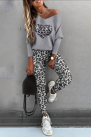 Casual Leopard print Long Sleeve Tops and Trousers Suit