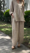 Women's Casual Solid Color Linen Loose Shirt Wide Leg Pants Two-Piece Set