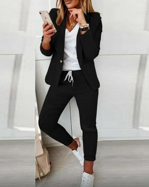 Women's Casual Solid Color Lapel Collar Blazer and Drawstring Pants Set