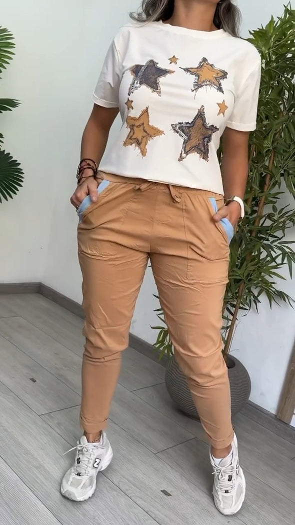 Women's Casual Star Print Top Slim Fit Pants Waist Contrast Color Two-Piece Set