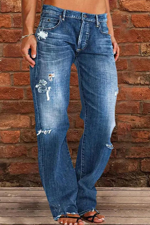 Women's Mid-rise Ripped Casual Straight Pants