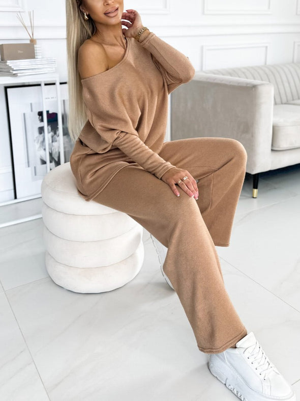 Women's Fashion Solid Color Batwing Sleeve Tops and Wide Leg Pants two-piece set
