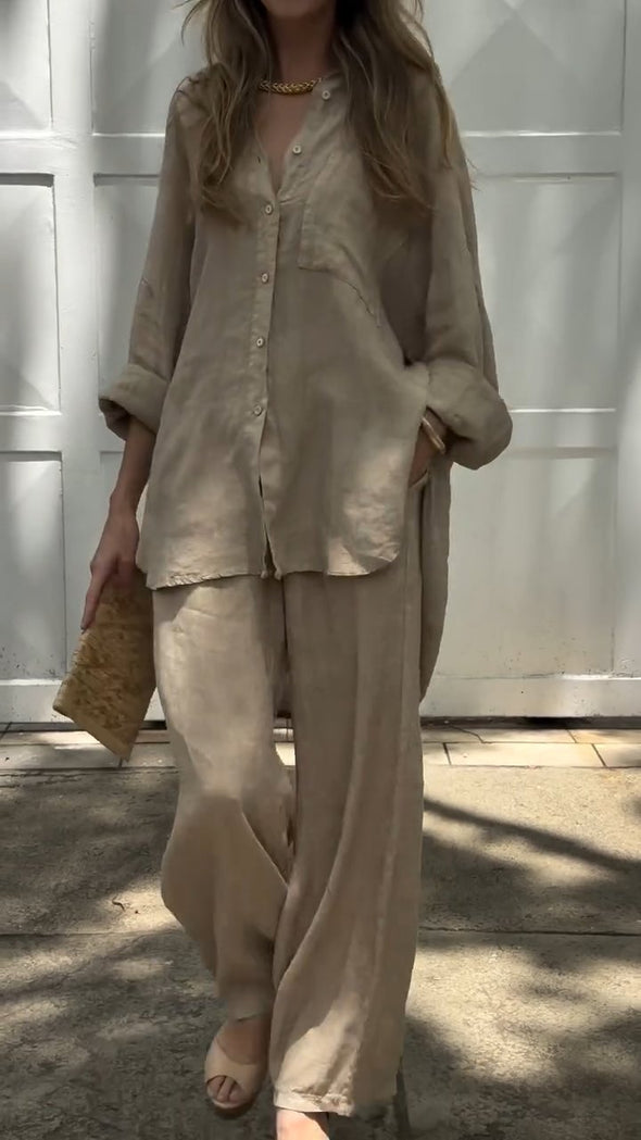 Women's Casual Solid Color Linen Loose Shirt Wide Leg Pants Two-Piece Set