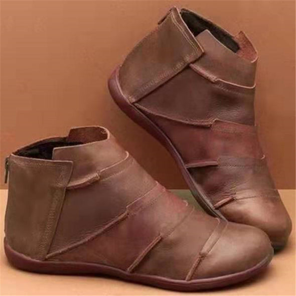 Women's Round Toe Casual Leather Boots Back Zipper Martin Boots Short Boots