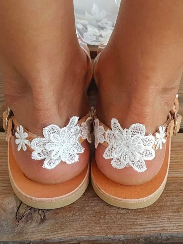 Pure White Flowers New Large Bohemian Flat Sandals