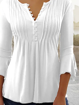 White V Neck Buttoned Basic Casual Plain Ruched Tunic Top