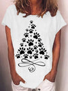 Women Paw Christmas Tree Print Casual Crew Neck T-Shirt