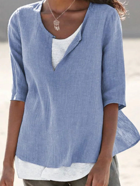 Women's solid color cotton and linen shirt loose casual shirt