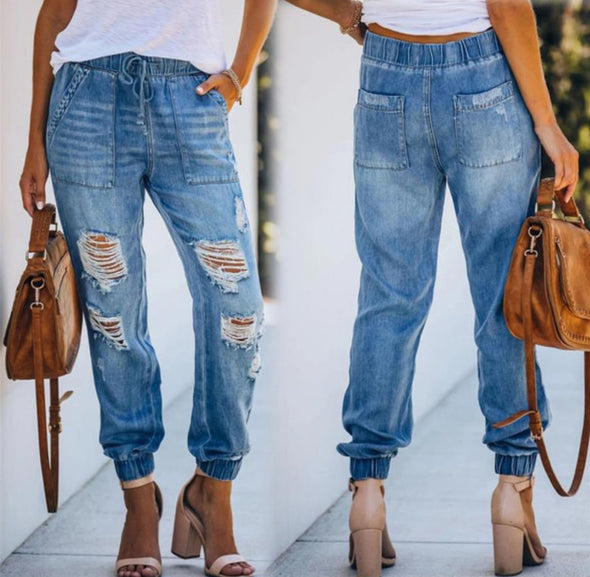 High-waisted slim ripped loose-fit jeans